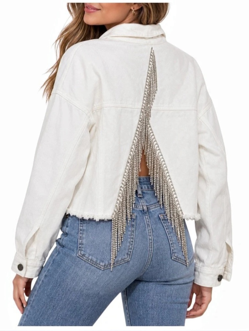 Savanna Jane White Denim Jacket Small Rhinestone Fringe Open Back Crop NWT